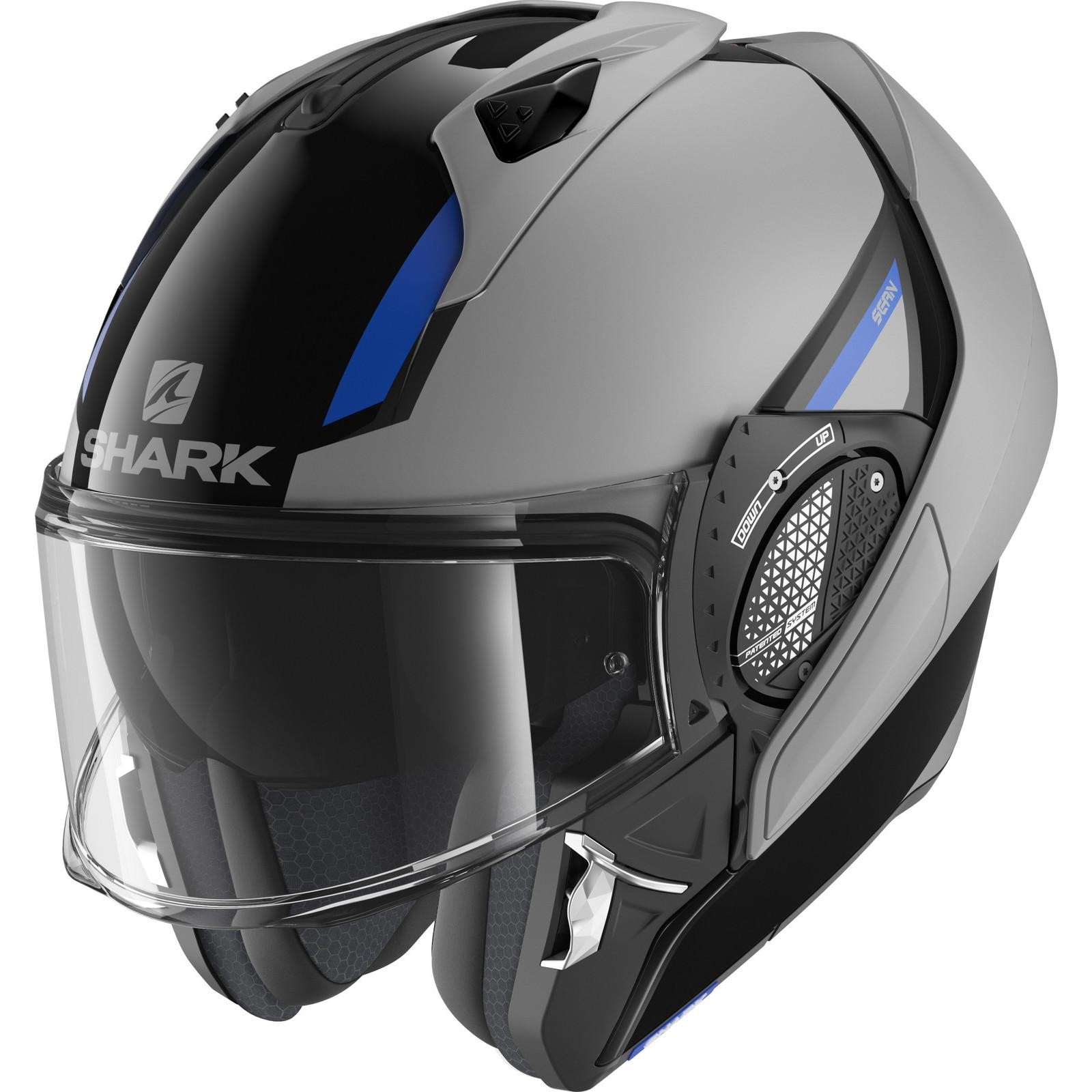 Shark Evo-GT Sean flip front motorcycle helmet in dual black, silver, and blue, featuring a sleek design, clear visor, and ventilation openings.