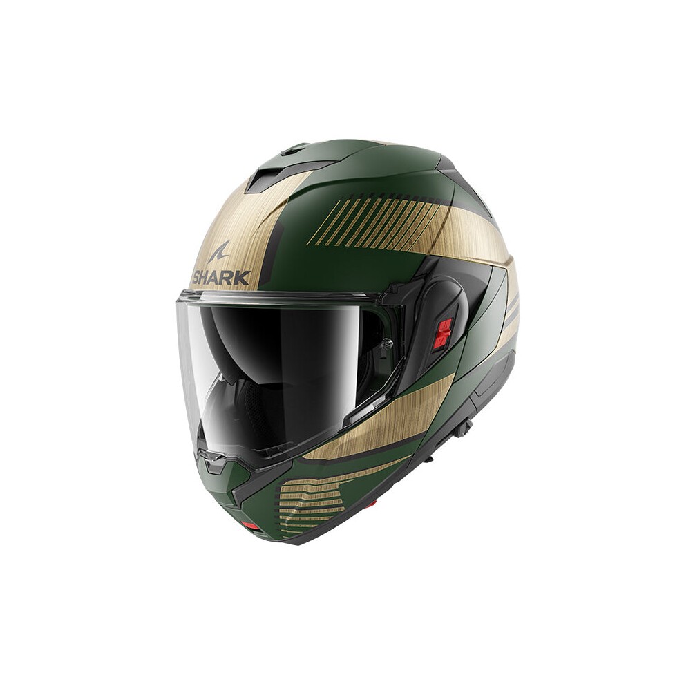 Modular helmet by Shark in matte green, gold, and black, featuring a sleek design, clear visor, and size medium for optimal fit and comfort.