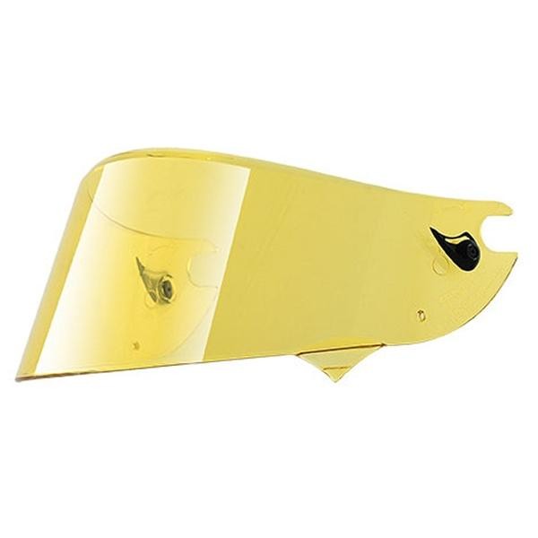 Yellow visor for Shark helmets, featuring a sleek, aerodynamic design with a clear attachment mechanism and a smooth, reflective surface.