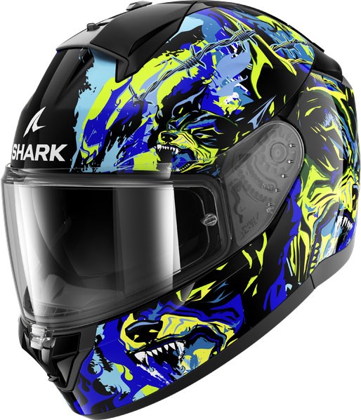 Black motorcycle helmet with vibrant blue and green Raging Beast graphic, featuring a clear visor and aerodynamic design, labeled with the Shark logo.