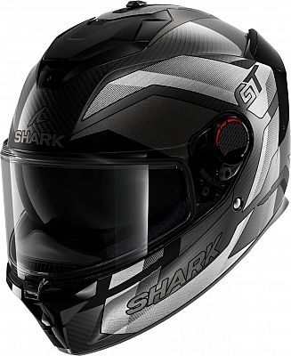 Shark Spartan GT Pro Carbon Ritmo full face helmet in matte black and silver, featuring a sleek design, visor, and ventilation system, size XS.