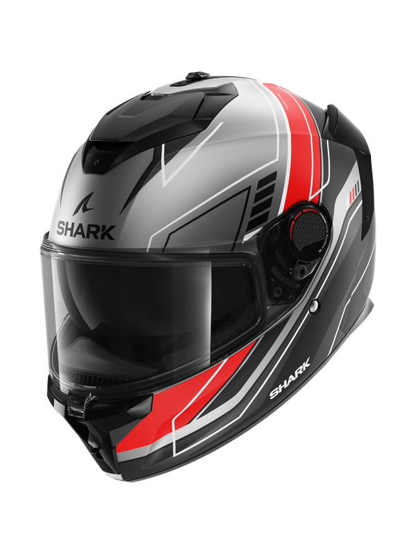 Shark Spartan GT Pro Carbon motorcycle helmet in matte anthracite, red, and black, featuring a sleek aerodynamic design and a tinted visor for enhanced visibility.