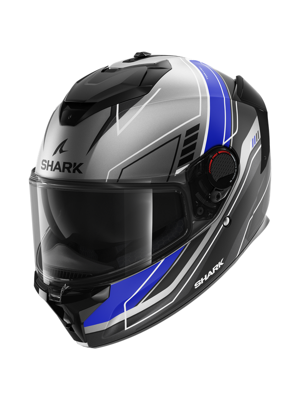 Shark Spartan GT Pro Carbon motorcycle helmet in matte anthracite black with blue accents, featuring a sleek aerodynamic design and a tinted visor.