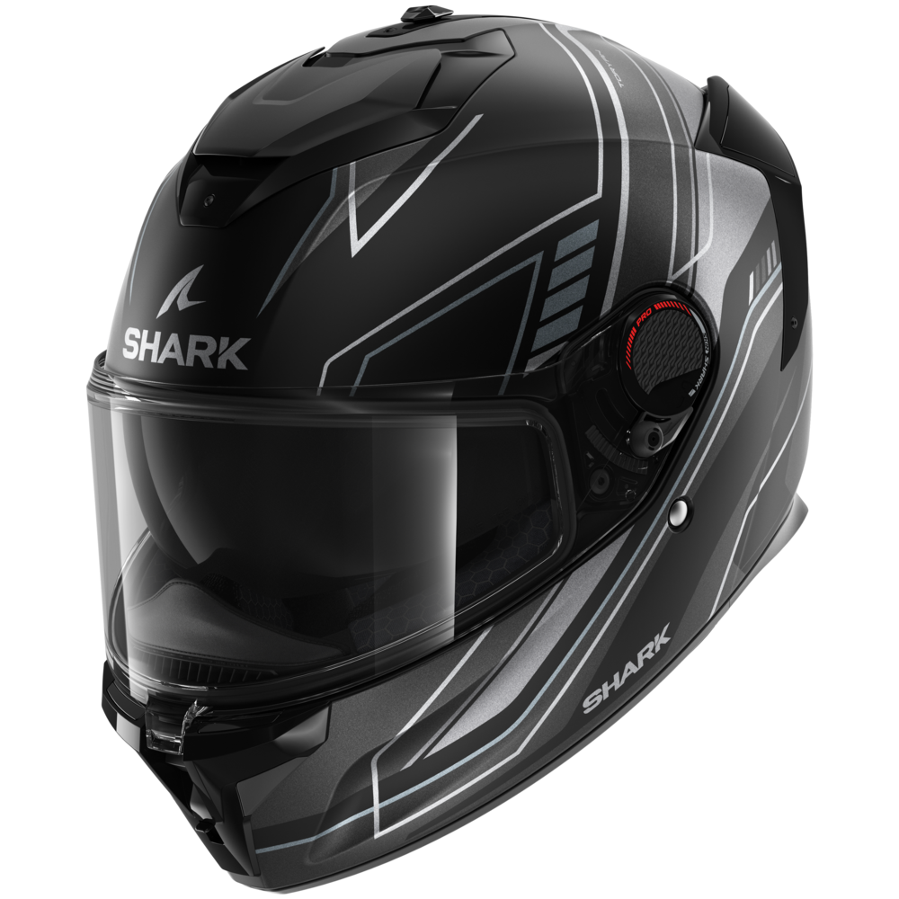 Shark Spartan GT Pro Carbon motorcycle helmet in matte black and anthracite, featuring a sleek aerodynamic design, tinted visor, and adjustable ventilation system.
