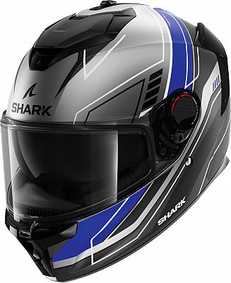 Full face helmet in matte grey, blue, and black with aerodynamic design, featuring a clear visor, ventilation system, and Shark branding on the side, size XS.