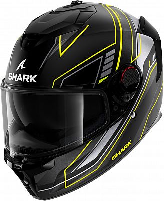 Matt black motorcycle helmet with yellow and anthracite accents, featuring a sleek design, integrated visor, and Shark branding on the front and side.
