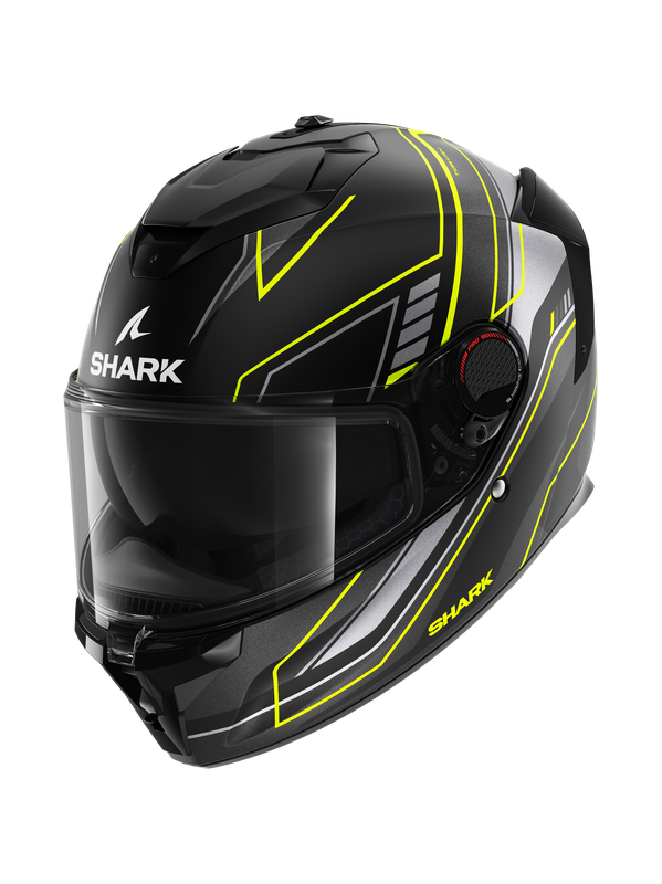 Full face helmet in matte black, yellow, and dark grey, featuring a sleek design, visor, and ventilation system, size XXL by Shark Spartan GT Pro Toryan.