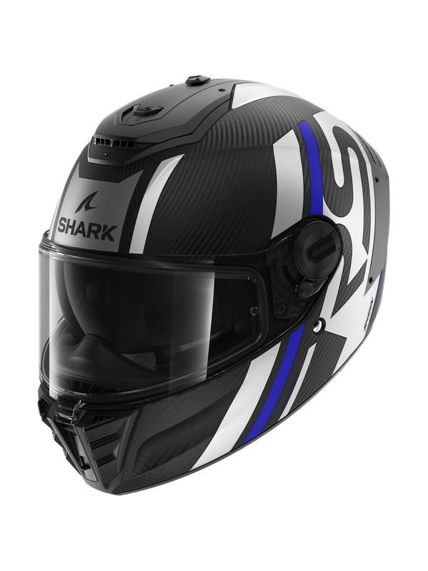 Black and blue Shark Spartan RS Shawn Carbon helmet in size M, featuring a sleek aerodynamic design, a clear visor, and carbon fiber accents for enhanced durability.