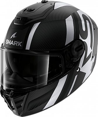 Full face helmet in matte black and silver, featuring a carbon fiber finish, aerodynamic design, and a clear visor, size XS by Shark.