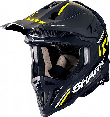 Carbon black motocross helmet with yellow accents, featuring a sleek design, aerodynamic visor, and padded interior for comfort, labeled with "SHARK" branding.