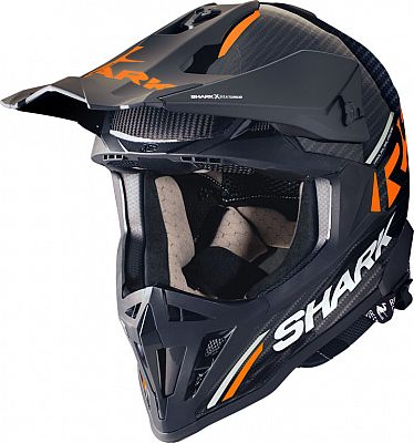 Carbon black motocross helmet with orange accents, featuring a sleek design, adjustable visor, and ventilation openings, ideal for off-road riding.