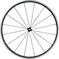 Black Shimano 105 Clincher 24 mm front wheel with silver rim and radial spokes.