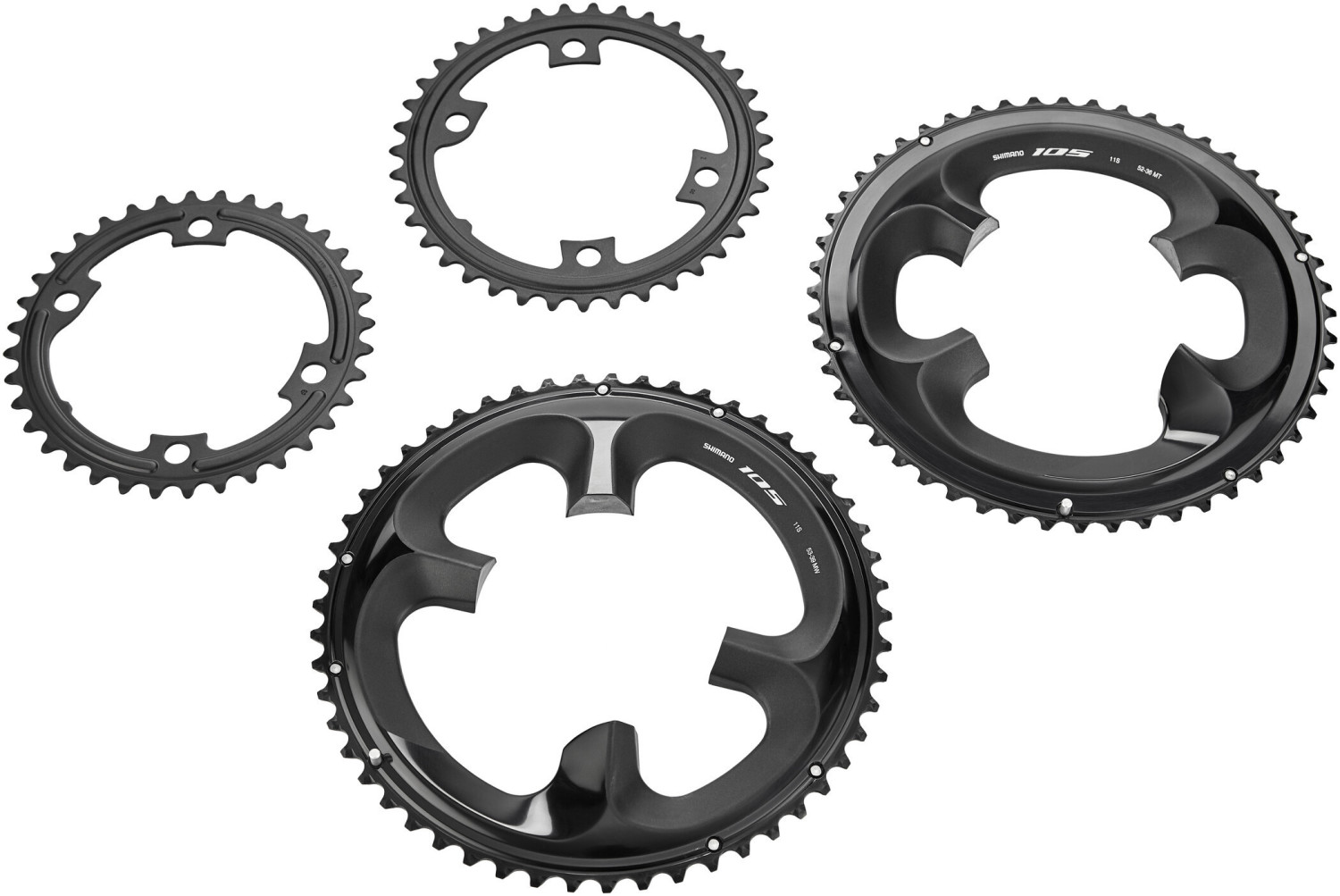 Black Shimano 105 R7000 11-speed chainring set featuring a 53-tooth design, with a sleek, aerodynamic shape and multiple mounting points for easy installation.