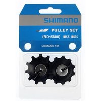 Shimano 105 RD-5800 pulley set with two black tension and guide pulleys in clear packaging, blue label on top.
