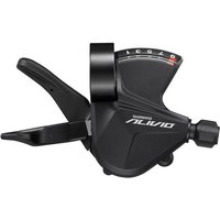 Black Shimano Alivio M3100 shift lever with gear indicator and ergonomic thumb shifter.