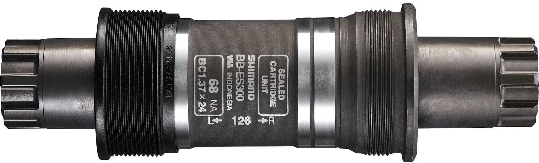 Shimano BB-ES300 Bottom Bracket, black cylindrical body with silver labeling, threaded ends, 73-126mm size.