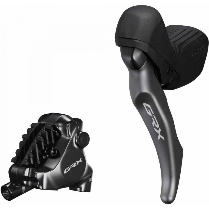 Shimano GRX hydraulic brake lever in black with a sleek ergonomic design, paired with a black brake caliper featuring prominent ridges and the GRX logo.