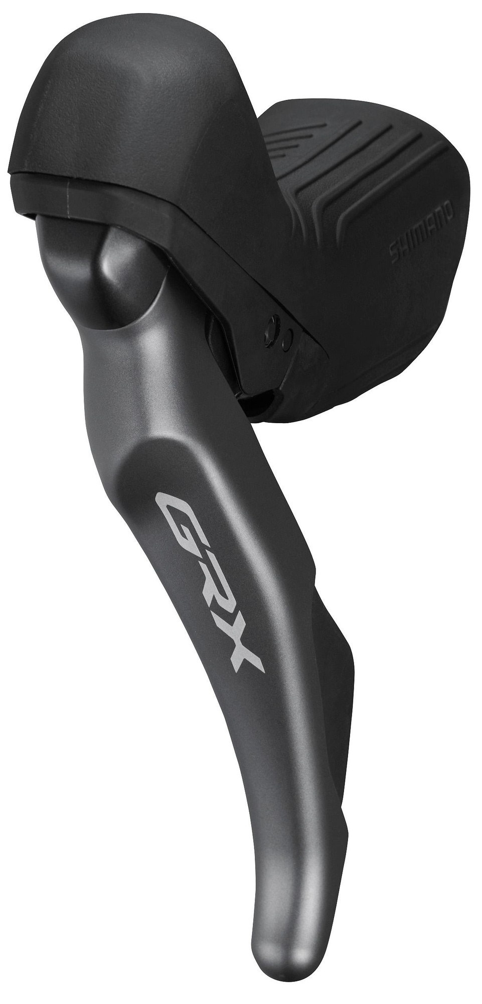 Left-hand Shimano BL-RX820 GRX hydraulic drop bar brake lever featuring a sleek black and silver design with textured grip and prominent GRX logo.