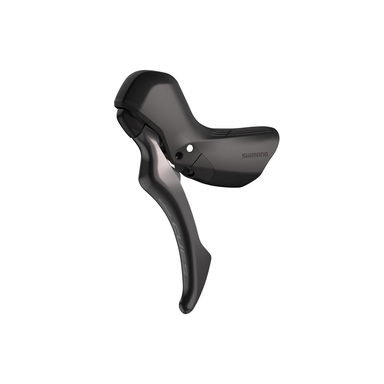 Left hand brake lever in sleek black plastic, featuring an ergonomic design, Shimano branding, and a streamlined shape for enhanced grip and control.