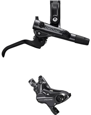 Shimano Deore hydraulic disc brake kit featuring a black lever with a sleek design and a matching caliper, designed for front installation on mountain bikes.