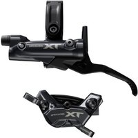 Shimano XT 4-pot brake lever and post mount caliper in black with silver XT logo and sleek design.