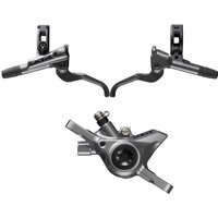 Shimano XTR brake set with black levers and silver calipers, featuring a sleek, modern design.
