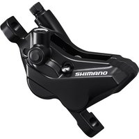 Black Shimano BR-MT420 4-piston caliper with post mount, sleek design and visible Shimano logo.