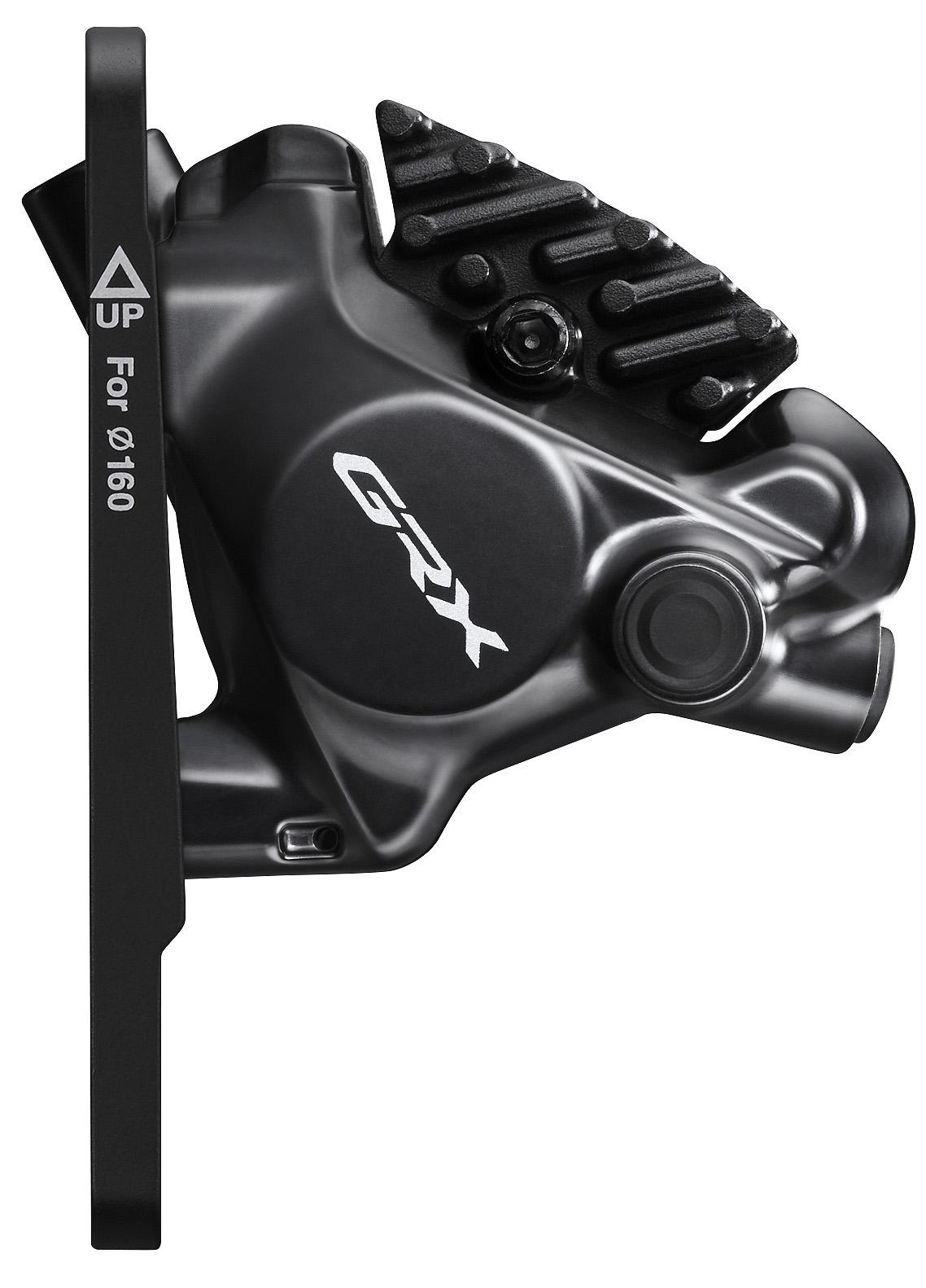 Shimano BR-RX820 GRX hydraulic disc brake caliper in matte black with a sleek design, featuring a prominent "GRX" logo and a mounting bracket for 160mm rotors.
