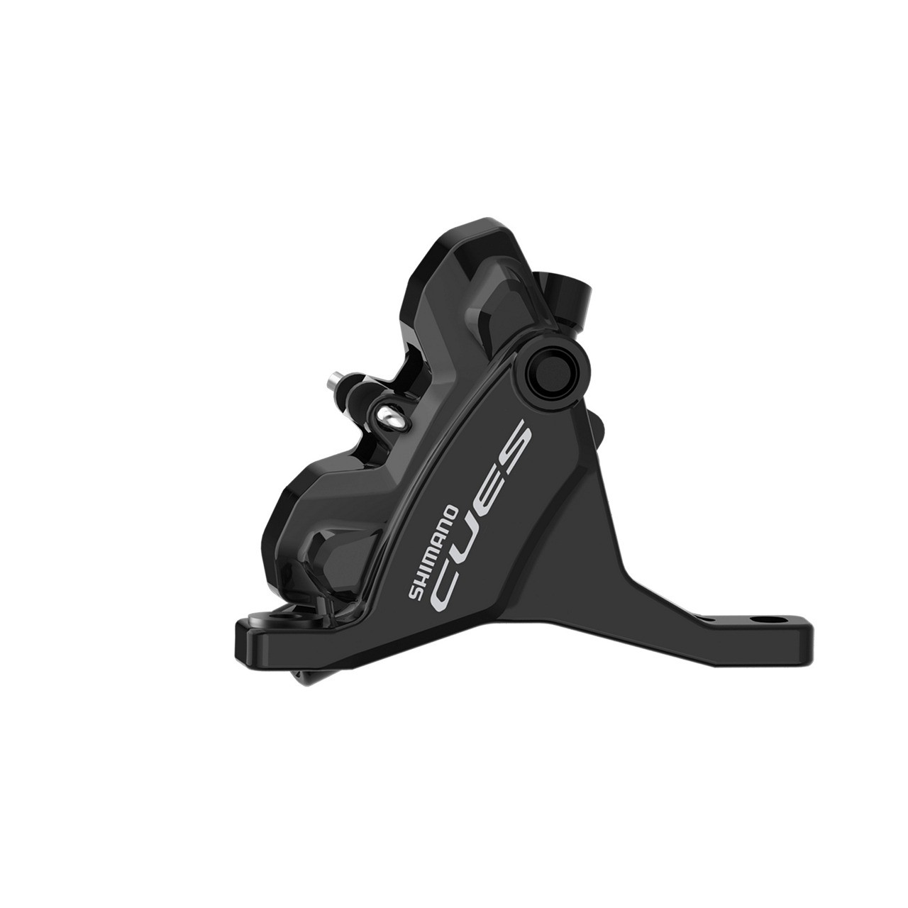 Shimano BR-U6030 CUES flat mount brake caliper in black, featuring a sleek design with the "CUES" logo, suitable for front installation on bicycles.