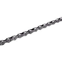 Shimano CN-E6070 9-speed chain, silver with black inner links and smooth, durable finish for cycling.
