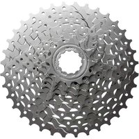 Silver Shimano 9-speed cassette with multiple sprockets, featuring an 11-32 tooth range and intricate gear design.