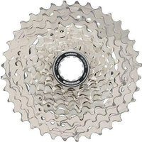 Silver Shimano 12-speed cassette with black center hub, featuring 11-36T gear range and intricate gear teeth design.