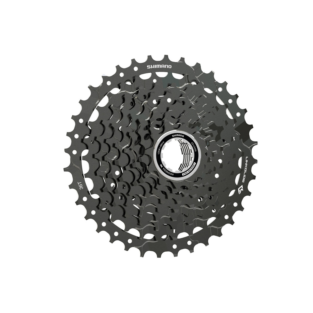 Shimano Cues LG400 9-speed cassette in black, featuring multiple gear teeth and a central hub, designed for smooth shifting and durability in cycling.
