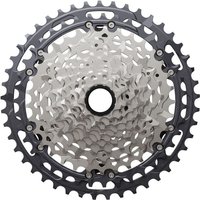 Shimano CS-M8200 Deore XT 12-speed cassette, silver and black, 9-45T gear range with intricate sprocket design.