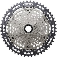 Shimano CS-M8200 XT 12-speed cassette with silver and black sprockets, intricate gear design, and central hub.