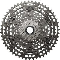 Shimano CS-M9200 XTR cassette, silver and black, intricate gear design with multiple sprockets and central hub.