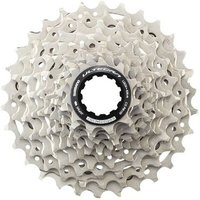 Shimano CS-R8101 Ultegra 12-speed cassette, silver with multiple sprockets and black central hub.