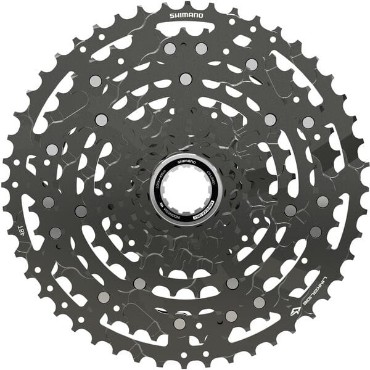 Shimano CS-LG400-10 CUES Link Glide Cassette in black, featuring a 10-speed design with 11 to 48 teeth, showcasing a durable metal construction and intricate gear pattern.