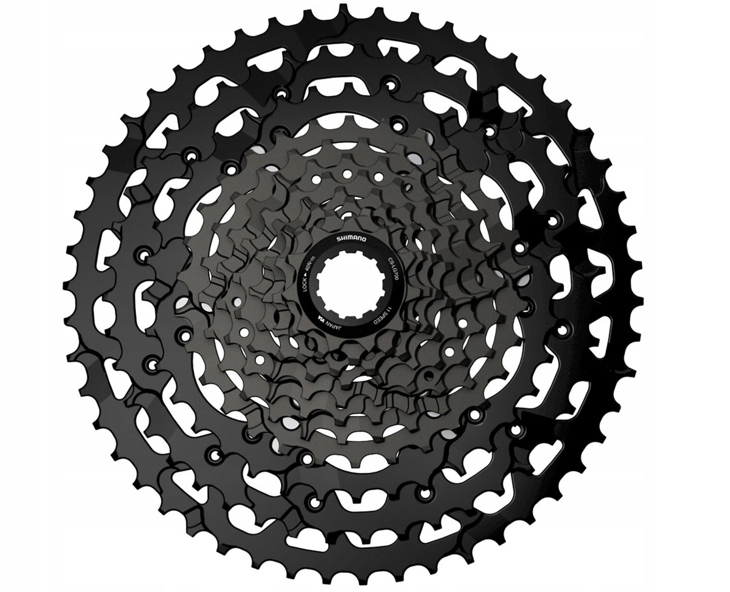 Black Shimano CUES CS-LG700-11 Link Glide 11-speed cassette featuring a wide 11-50T gear range, with a distinctive layered design and sharp teeth for improved shifting performance.