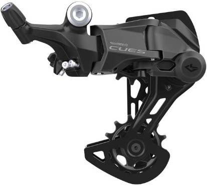 Shimano Cues U4000 9-speed rear derailleur in black, featuring a sleek design, adjustable tension, and a shadow profile for improved aerodynamics and shifting performance.