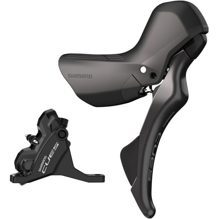 Black Shimano CUES ST-U6030 hydraulic/mechanical STI lever paired with a BR-U6030 caliper, featuring a sleek design suitable for 10/11-speed setups, with a modern finish.