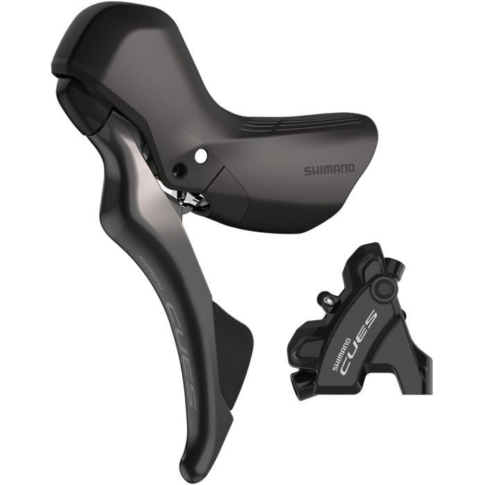 Shimano CUES ST-U6030 hydraulic/mechanical STI lever in black with ergonomic design, paired with BR-U6030 caliper, suitable for rear left hand, 2-speed configuration.