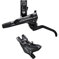 Black Shimano Deore disc brake set with lever and 2-pot post mount caliper, sleek design with visible branding.
