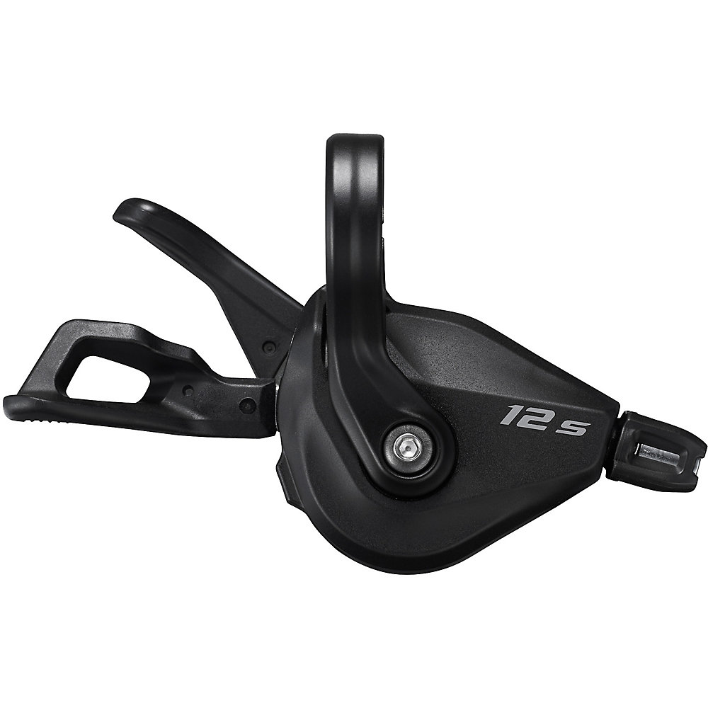Black Shimano Deore M6100 12-speed shifter featuring a sleek design, ergonomic lever, and clear "12S" marking for easy gear shifting.