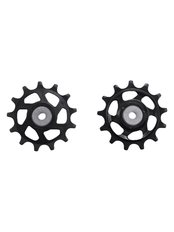 Black Shimano Deore RD-M5100 tension and guide pulley set featuring two small, spiked cog wheels with a central bearing, designed for smooth gear shifting in bicycles.