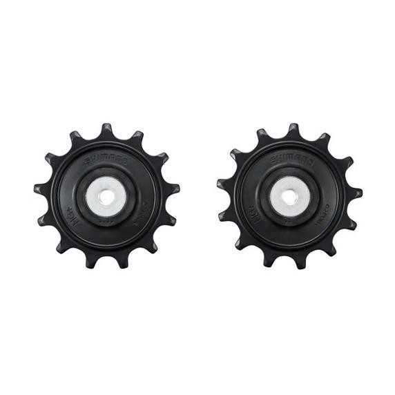 Black Shimano Deore XT Di2 RD-M8250 pulley set featuring two spiked wheels with white centers, designed for smooth gear shifting in mountain biking.
