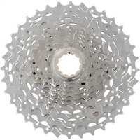 Silver Shimano Deore XT M771 10-speed cassette with 11-34T gear range and intricate sprocket design.