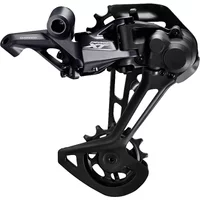Black Shimano Deore XT M8100 rear derailleur, 12-speed, with Shadow+ technology and sleek, angular design.