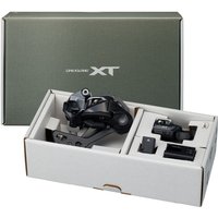 Shimano Deore XT M8250 Di2 kit with electronic derailleur, shifter, battery, and charger in a gray box.