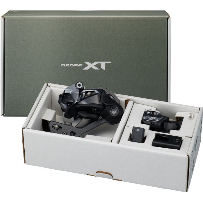 Shimano Deore XT M8250 Di2 Upgrade Kit in a sleek gray box, featuring a black rear derailleur, battery, and control unit, designed for enhanced electronic shifting performance.